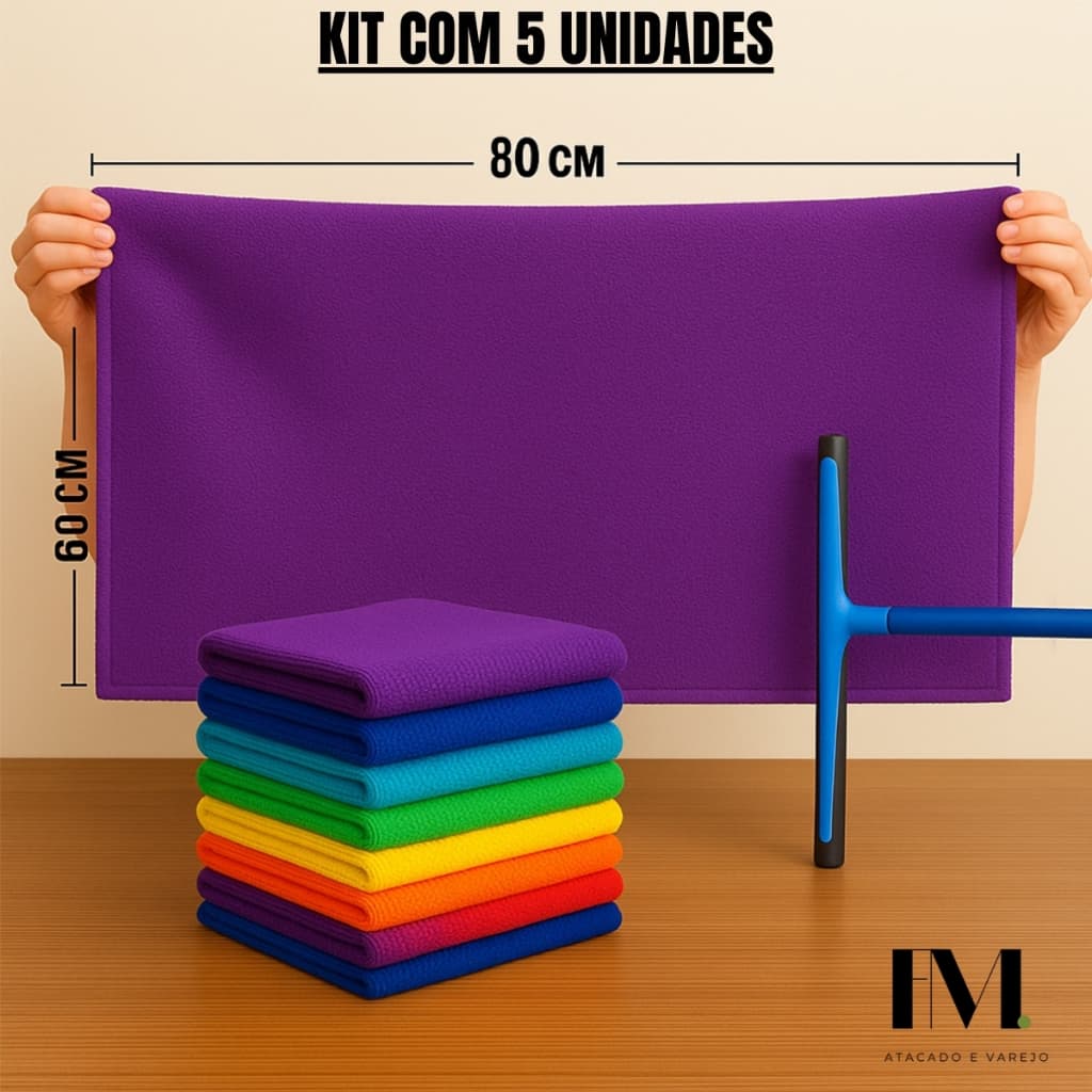 Kit 5 Pano de Chao Microfibra Macio 60x80cm Toalha de Limpeza Gigante Residencial