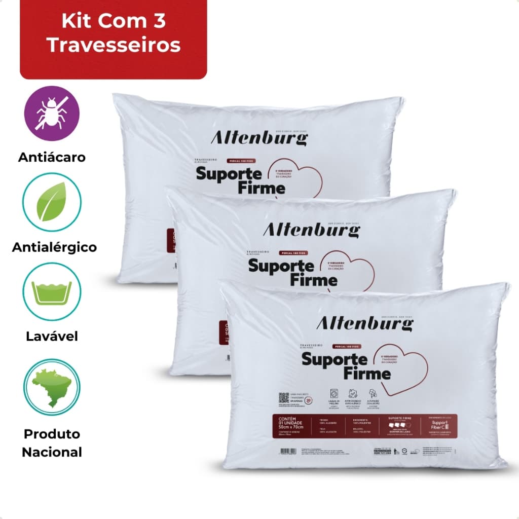 Kit 3 Travesseiros Suporte Firme 180 Fios Percal Altenburg Lavável 50cm x 70cm
