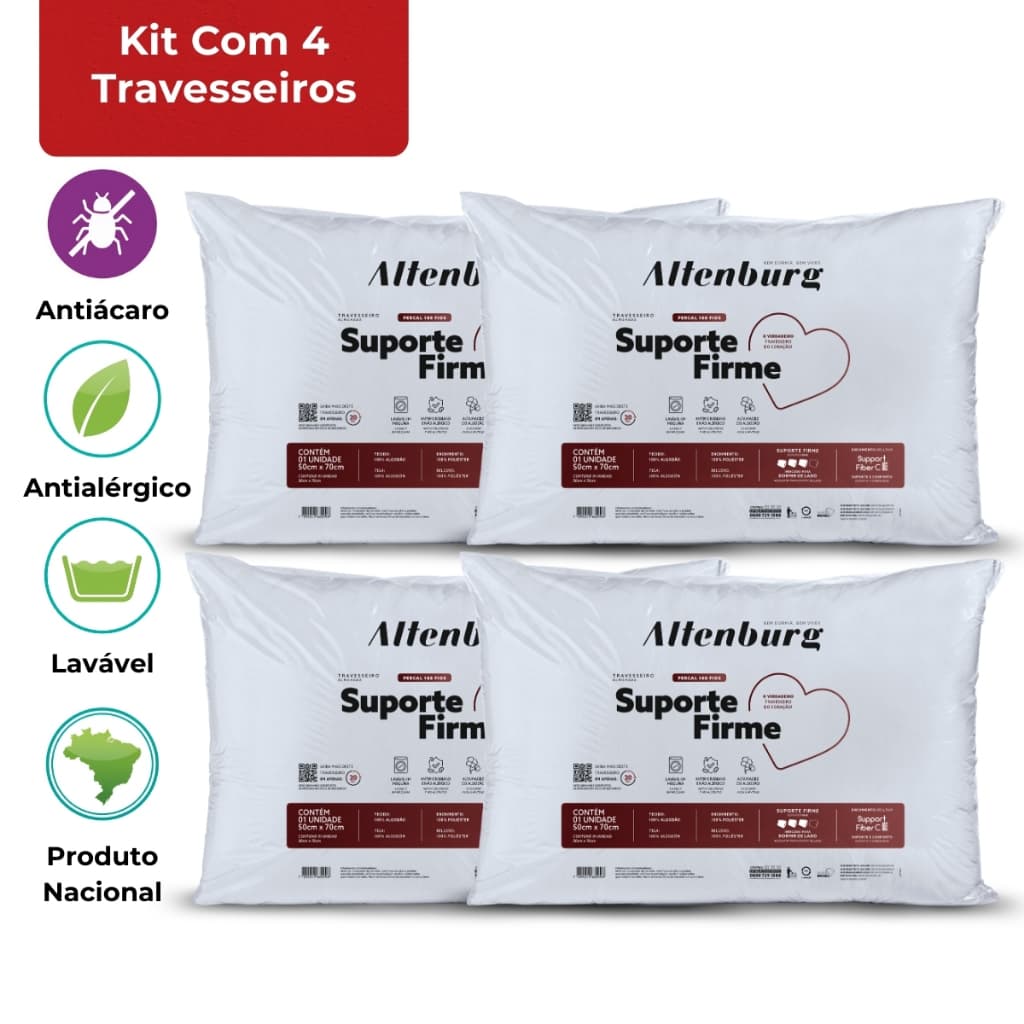 Kit 4 Travesseiros Suporte Firme 180 Fios Percal Altenburg Lavável 50cm x 70cm