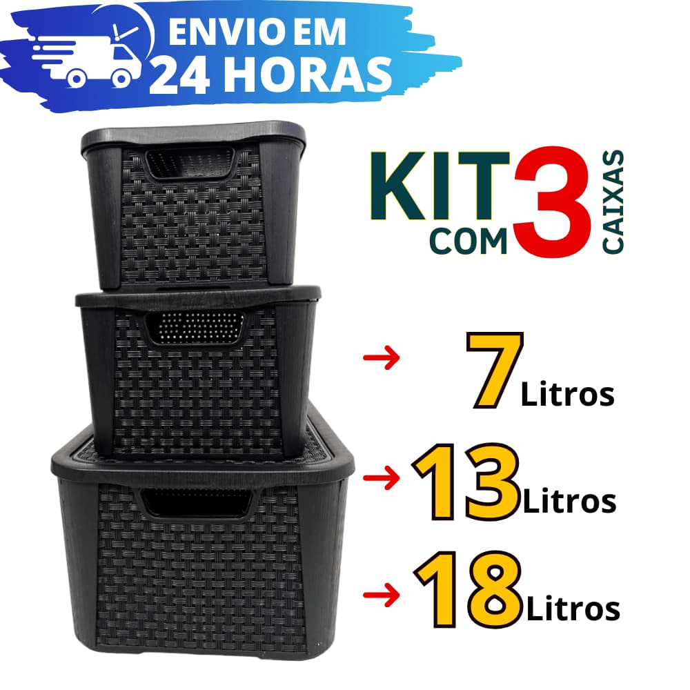 Kit 3 Caixas Organizadoras 7/13/18 Litros Rattan Preta Arqplast REFORÇADA