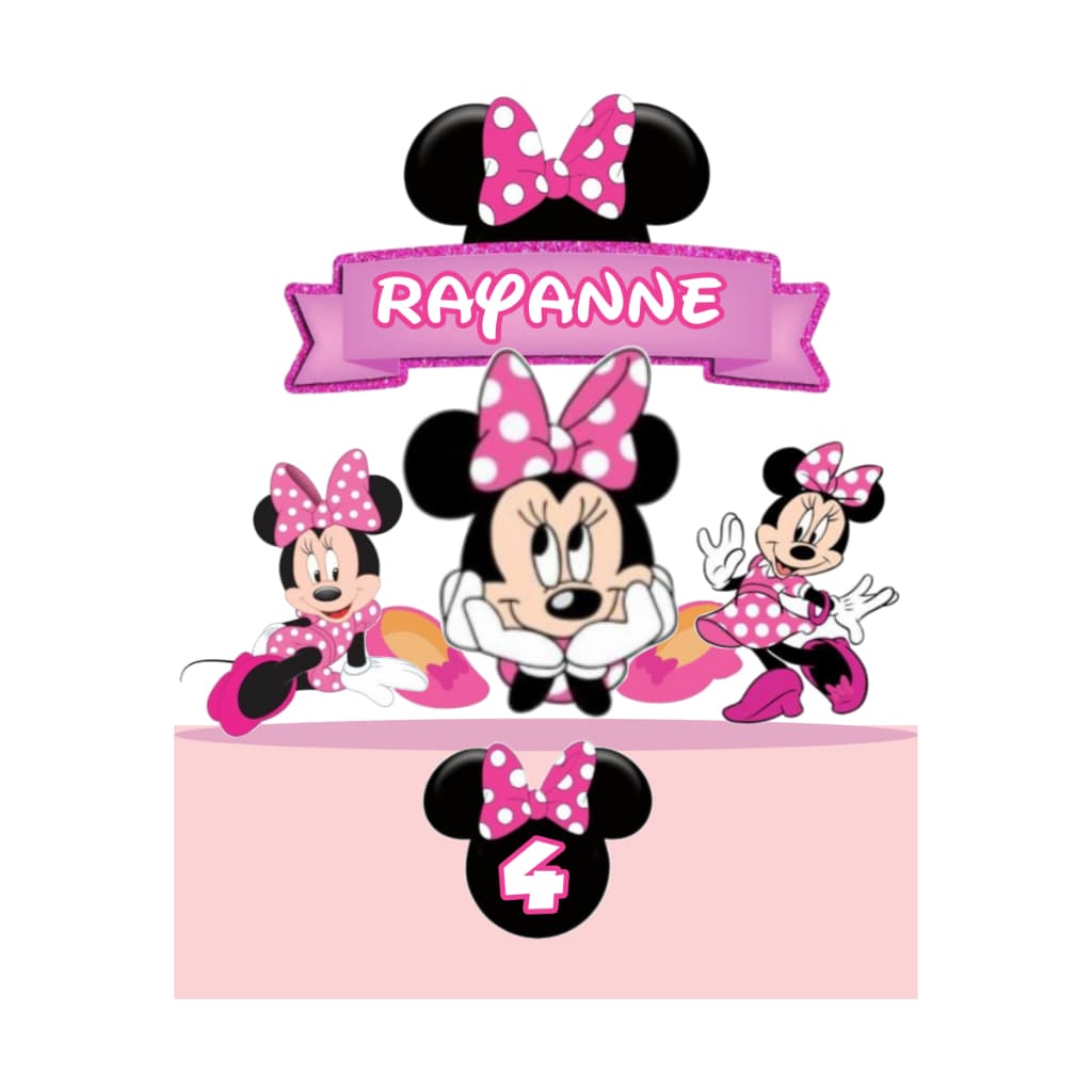 Topo Topper de Bolo Minnie Rosa Personalizado com Nome e Idade - já vai montado palito / entrega rápido