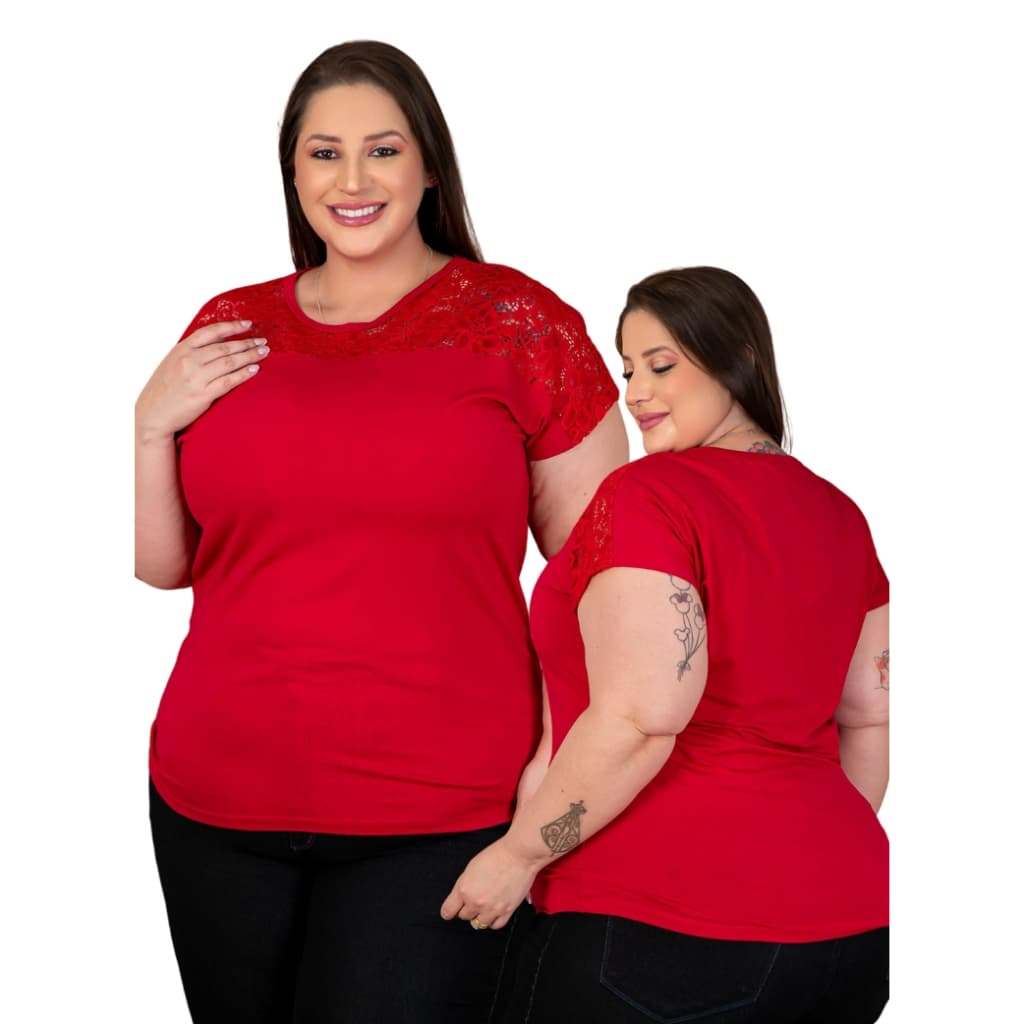 Blusa Feminina Plus Size com Detalhe em Renda nas Mangas e Gola