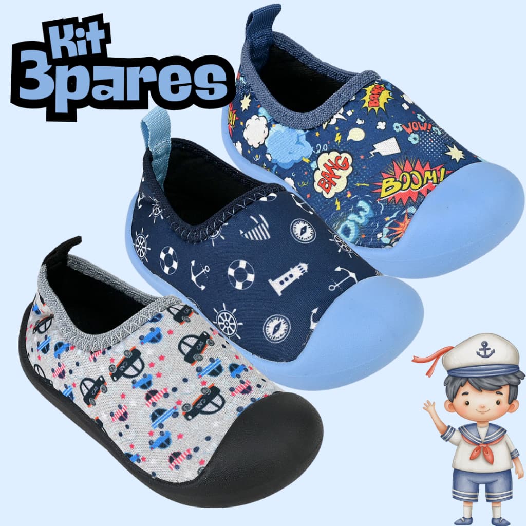Kit 3 Tênis Infantil Menino Antiderrapante Confortável Escolar Praia Piscina Primeiros Passos Macio