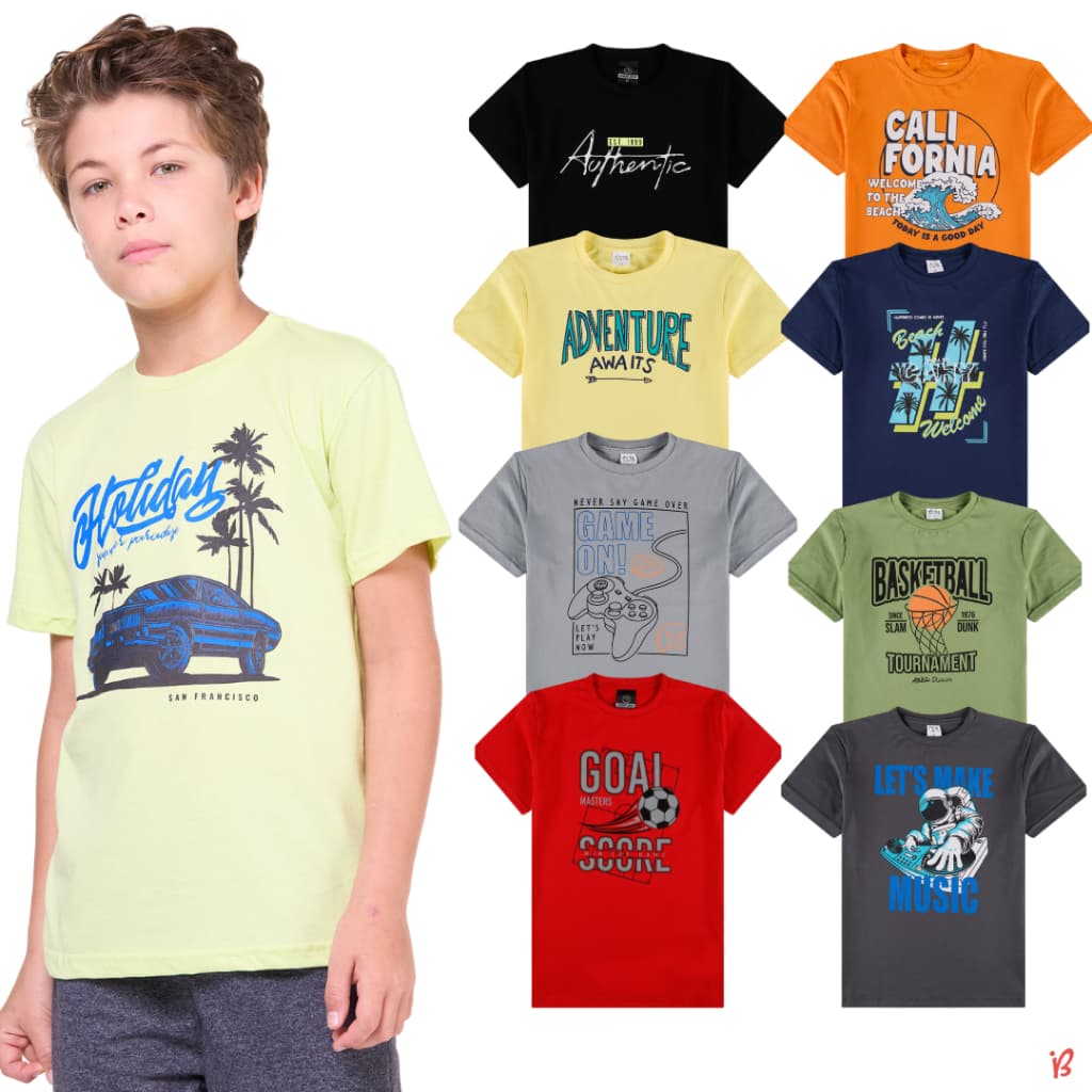 Kit Sortido 2 Camisetas Juvenil Menino em Meia Malha Premium Manga Curta Estampada 10 ao 16 anos