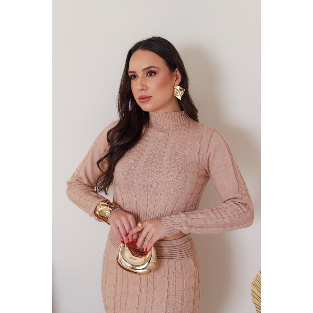 Conjunto Feminino Modal Cropped Manga Longa E Saia Midi Elegante