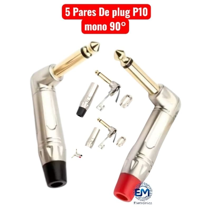 5 Pares  plug p10, conector p10, angular 90°, guitarra, violão, teclado, amplificador, mesa de som.