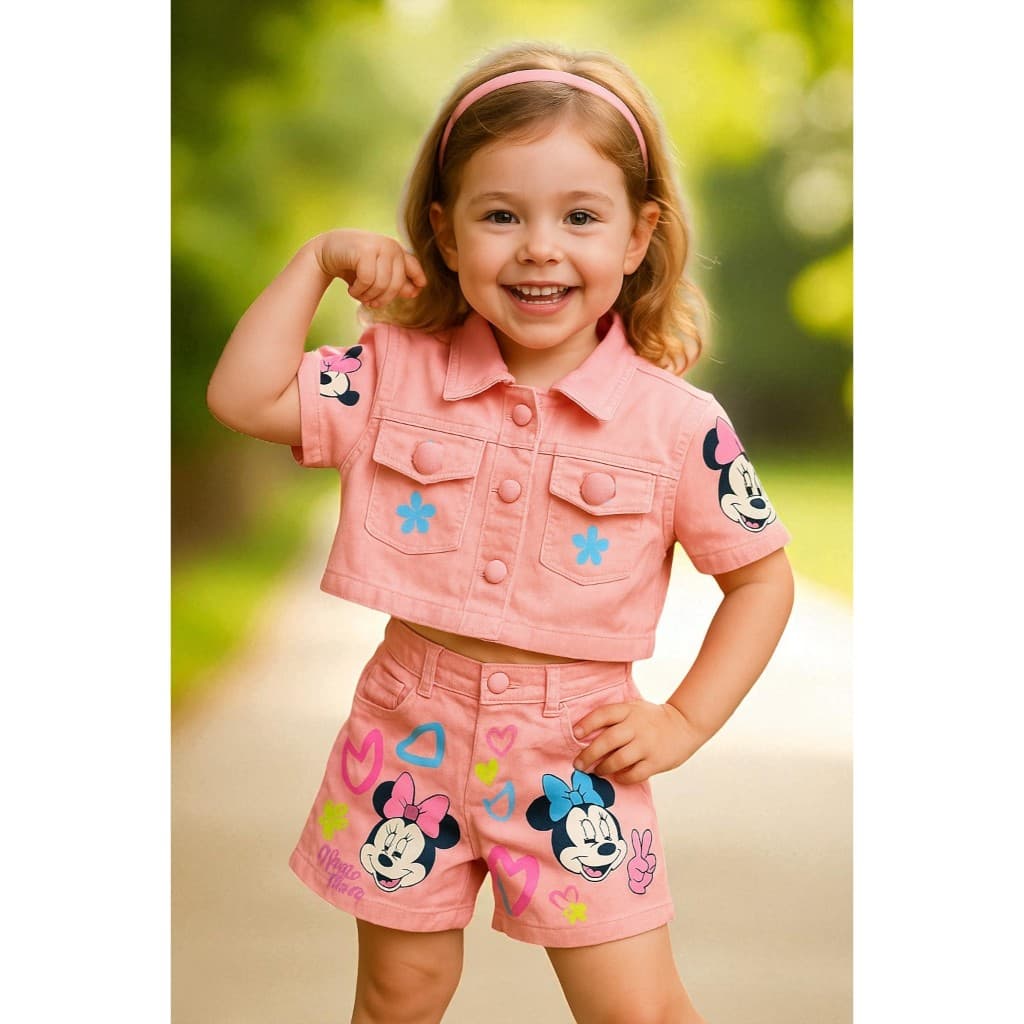 Conjunto Blusa E Short Jeans Minnie Corações Infantil Menina Conjunto Infantil Menina Roupa Mini
