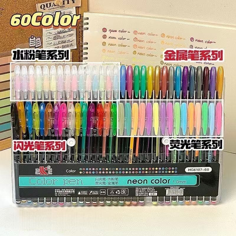 Kit com 60 Cores Caneta Gel ColorGel Tinta Glitter Pastel Neon Metal Escolar