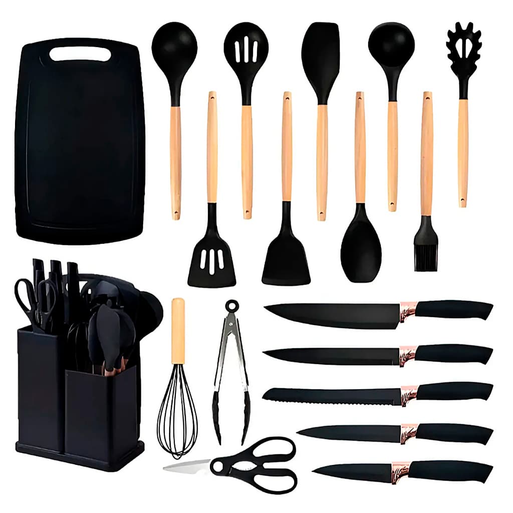 Conjunto 19 Peças Utensílios Cozinha Silicone Preto Helplo