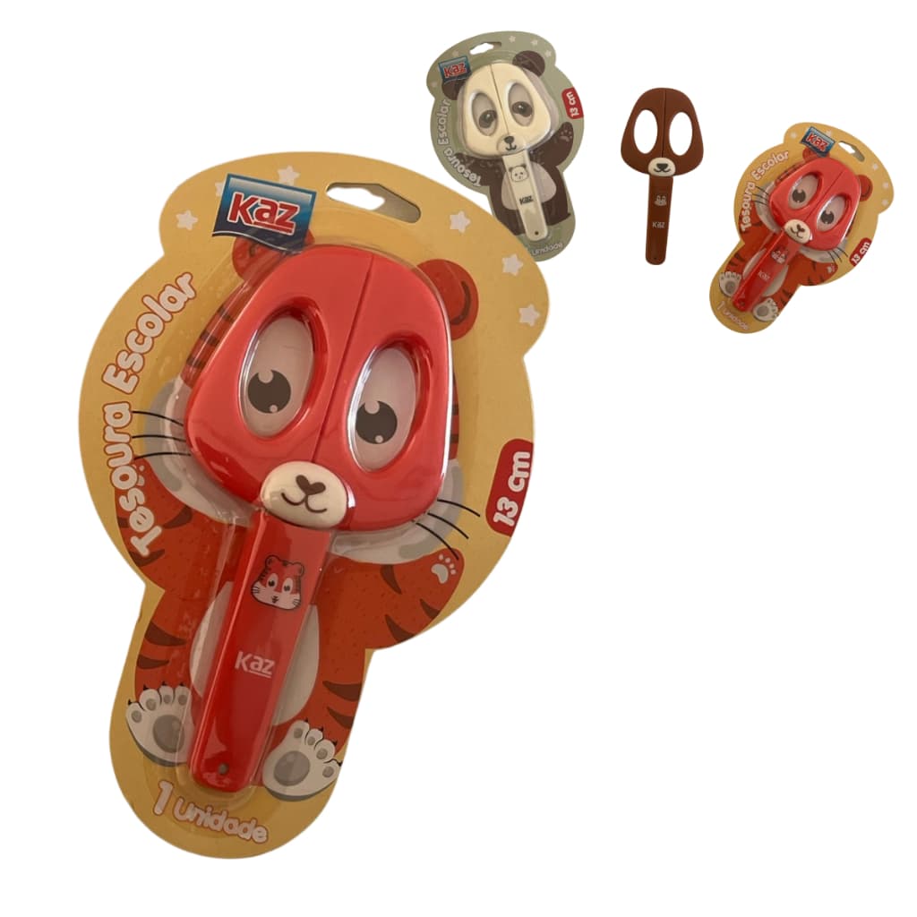 Tesoura Escolar sem Ponta KAZ com capinha protetora modelo Bichinhos