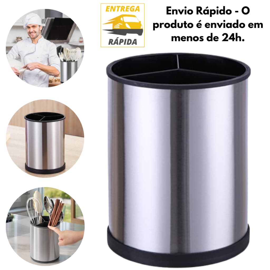 Porta Talher Organizador de Utensílios Giratório Escorregador Cozinha Resistente Inox Alta Qualidade