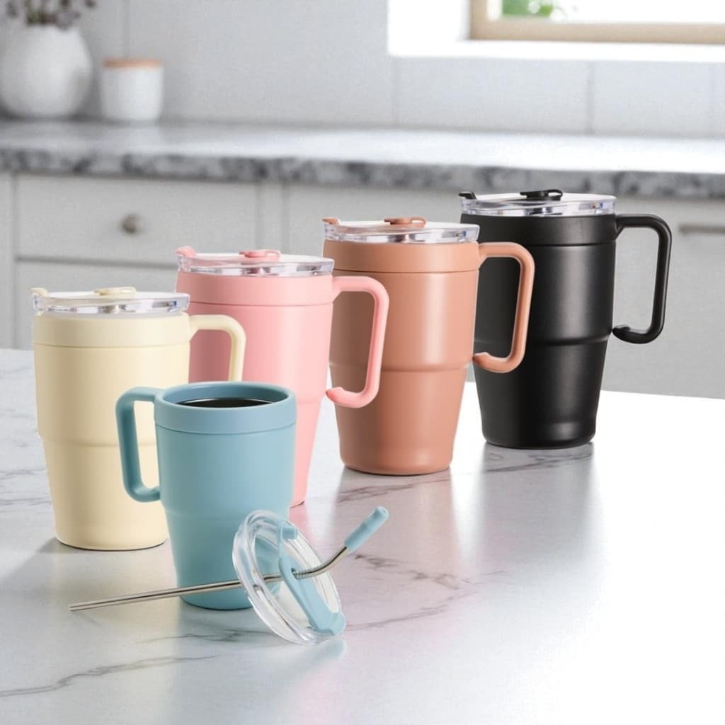 Caneca Copo Térmico 600ml Canudo Inox Com Protetor Emborrachado Bocal Base Antiderrapante Portátil