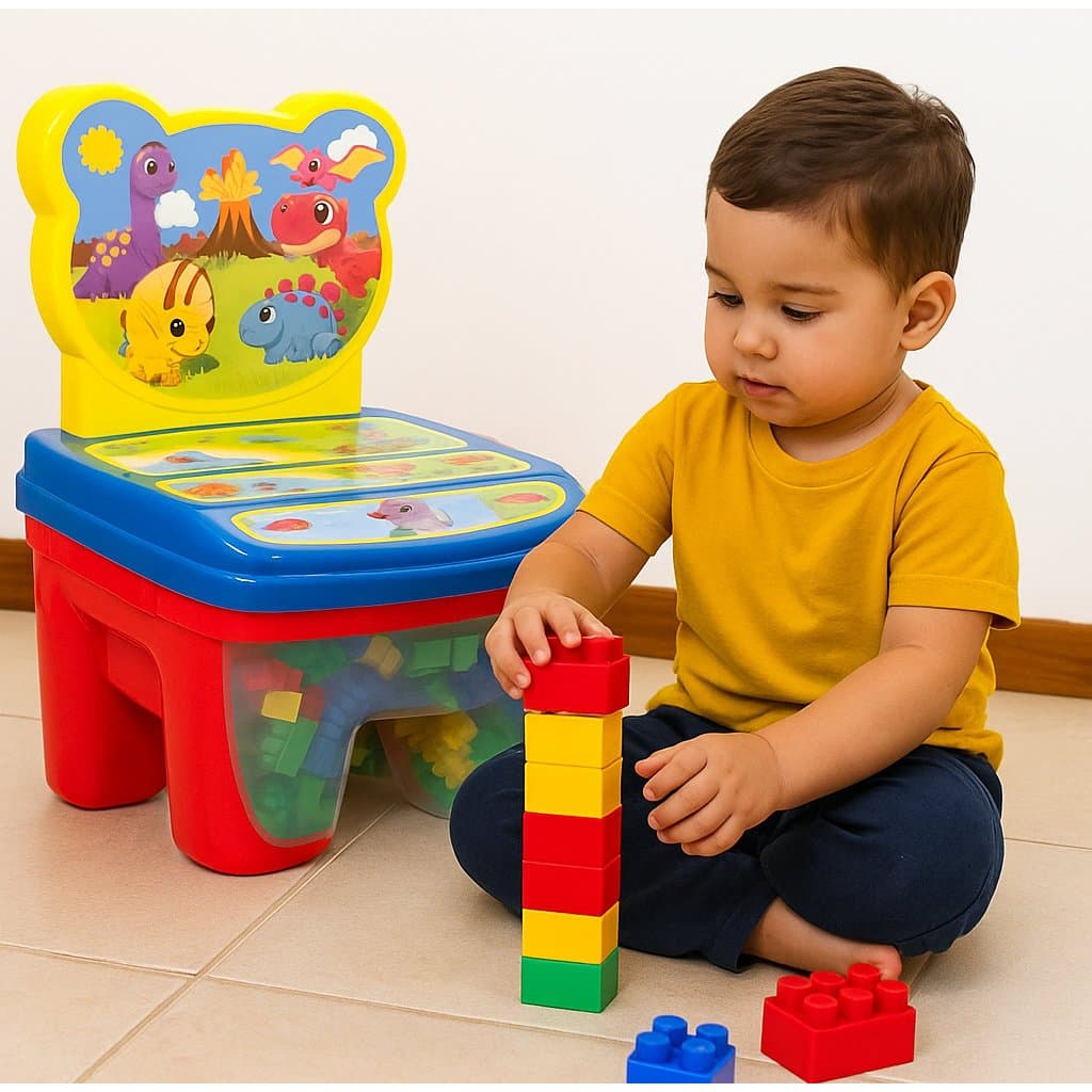Mesinha Cadeira Infantil Dinossauro 2 em 1 Baú Didático 36x25x25cm Transparente 24 Peças