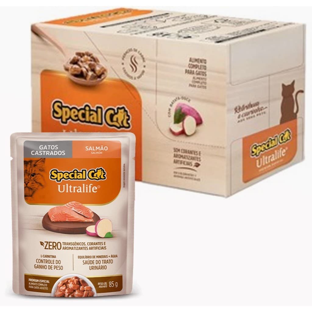 SACHE SPECIAL CAT ULTRALIFE ADULTOS CASTRADO SABOR SALMÃO 85G CAIXA COM 12 UNIDADES