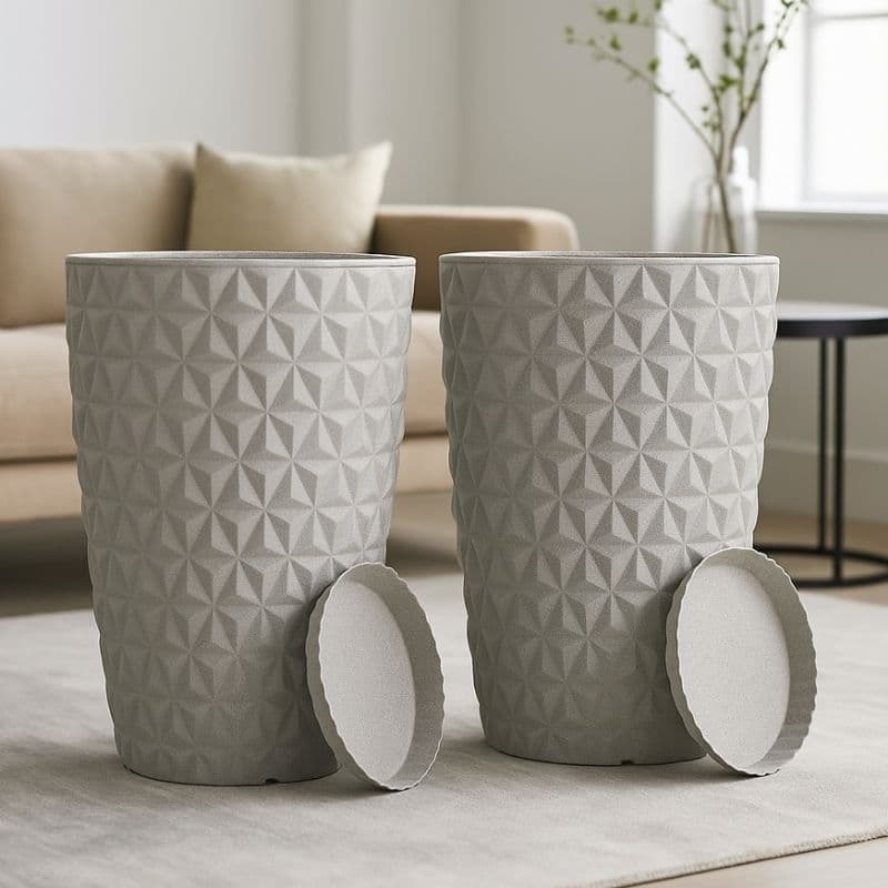 Kit 2 Vasos de Planta Grande Coluna Diamante G Decorativo em Polietileno 50cm + Prato