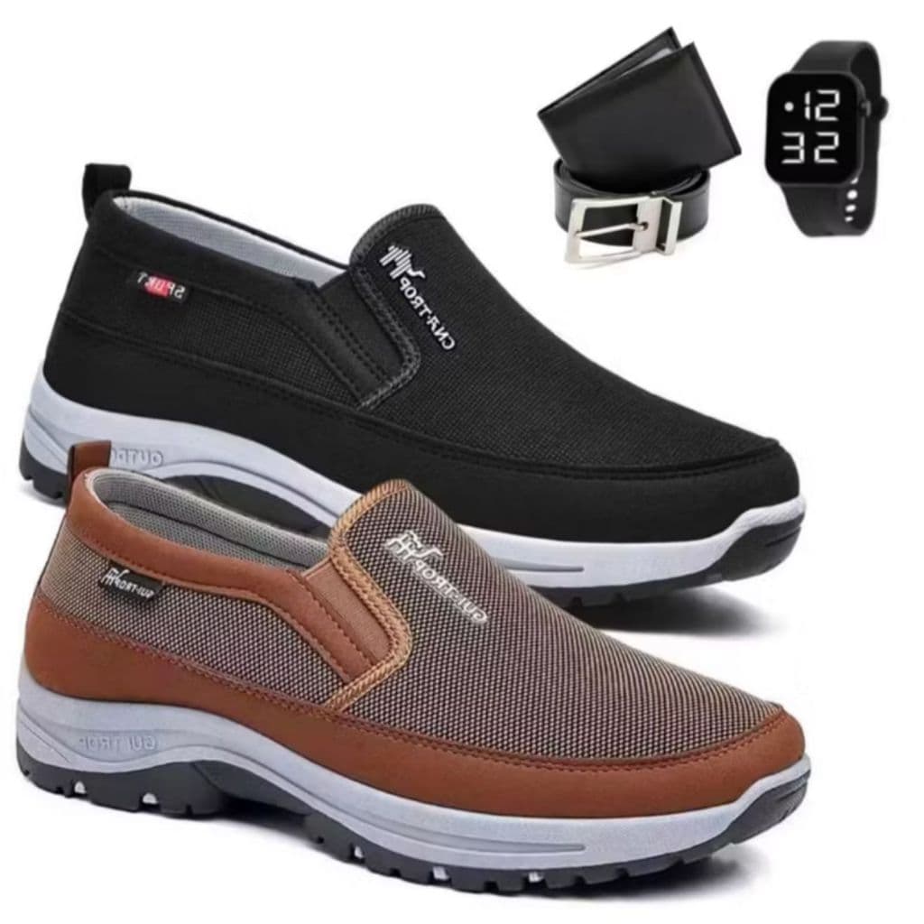 Kit 2 Pares Tenis Sapatilha Mocasssim Masculino Idoso Ortopedico Macio Impermeável com Solado Confortável Top + Kit