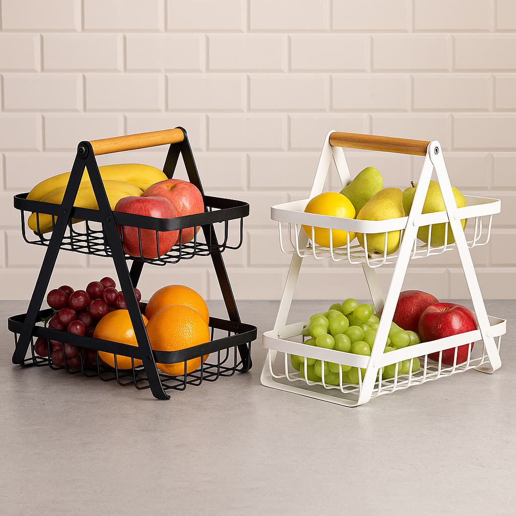 Fruteira de Mesa 2 Andares em Metal com Alça em Madeira – Design Moderno, Resistência e Praticidade no Dia a Dia