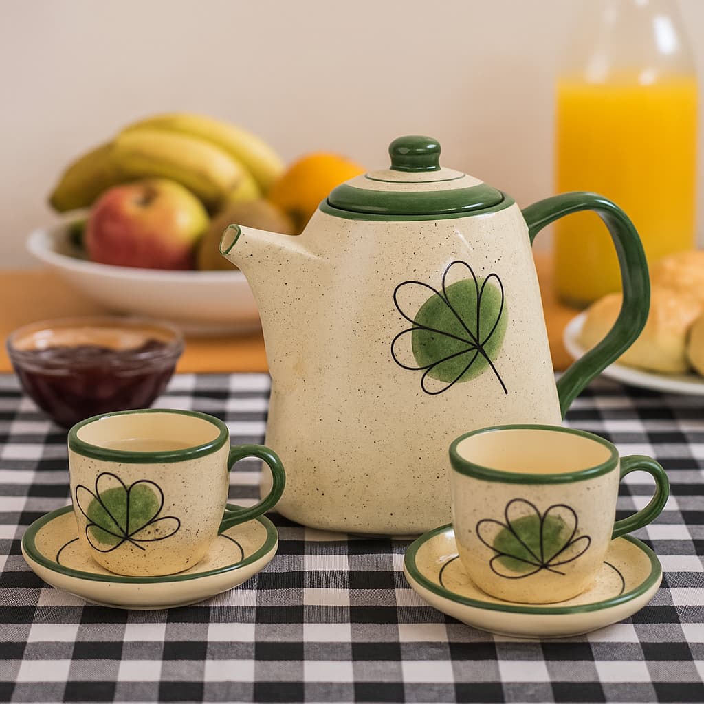 Jogo de Chá em Cerâmica com Bule e Xícaras Design Folha Verde Conjunto de Café/Chá Elegante