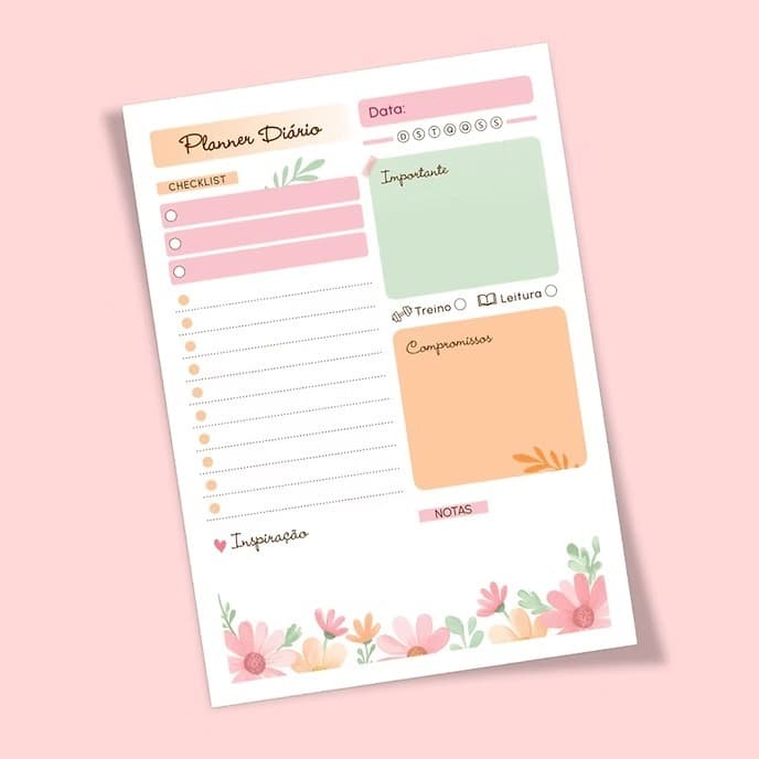 Planner Blocado Diário A5, Semanal A4 e Mensal A4 – 50 Folhas, Floral, Verde ou Laranja