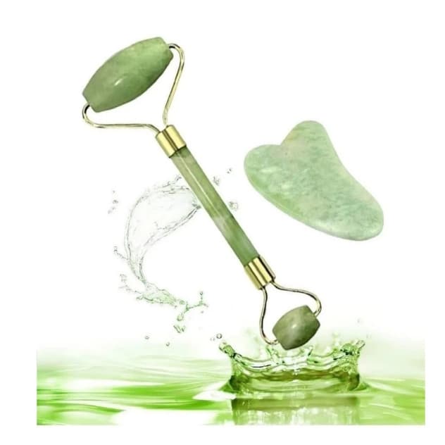 HKX Rolo Pedra de Jade + Placa Gua Sha Facial Anti Ruga Rolinho Jade Lançamento Massagem sf-108