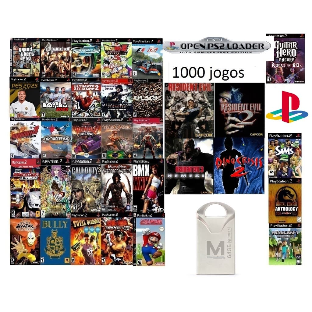Pen Drive 64gb Coleção 1000 Jogos Ps1 Playstation 2 Super pronto para OPL