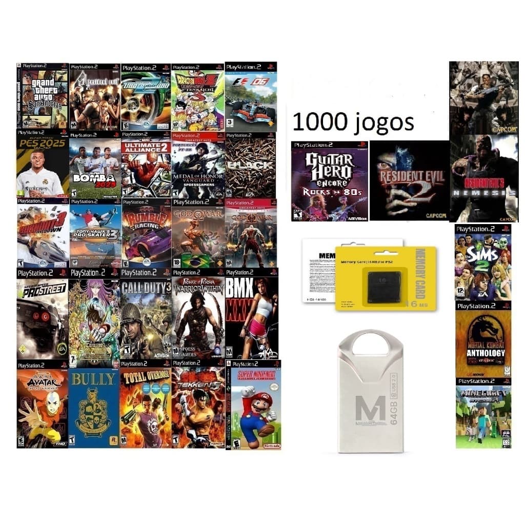 Pen Drive 64gb Coleção 1000 Jogos Ps1 Playstation 2 Super + Memory Card 16mb