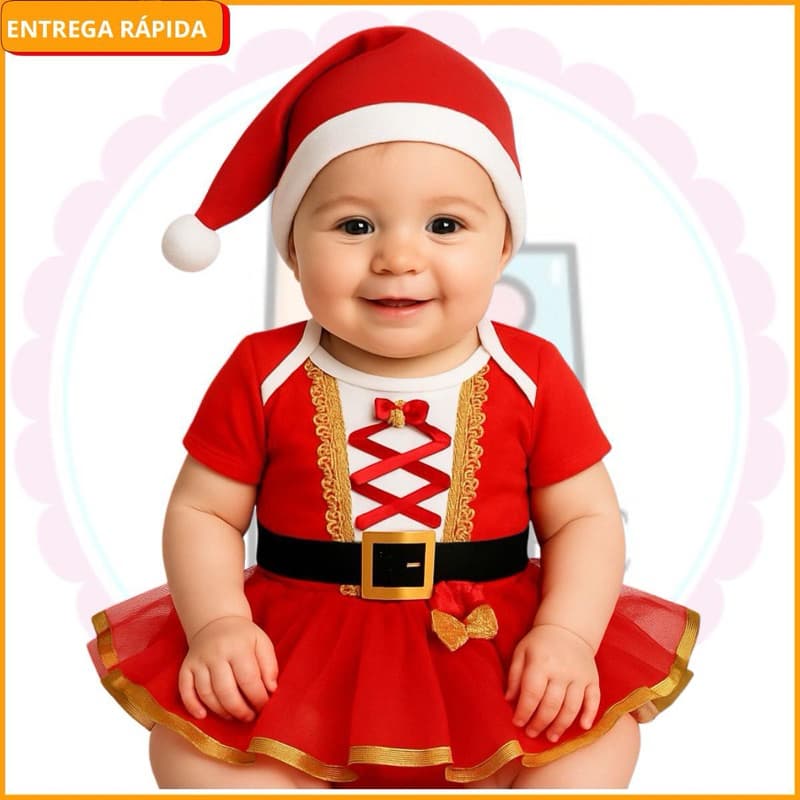 kit com 5 peças Body de Bebê Temático Natal Mamãe Noel Papai Noel Touca Menino e Menina