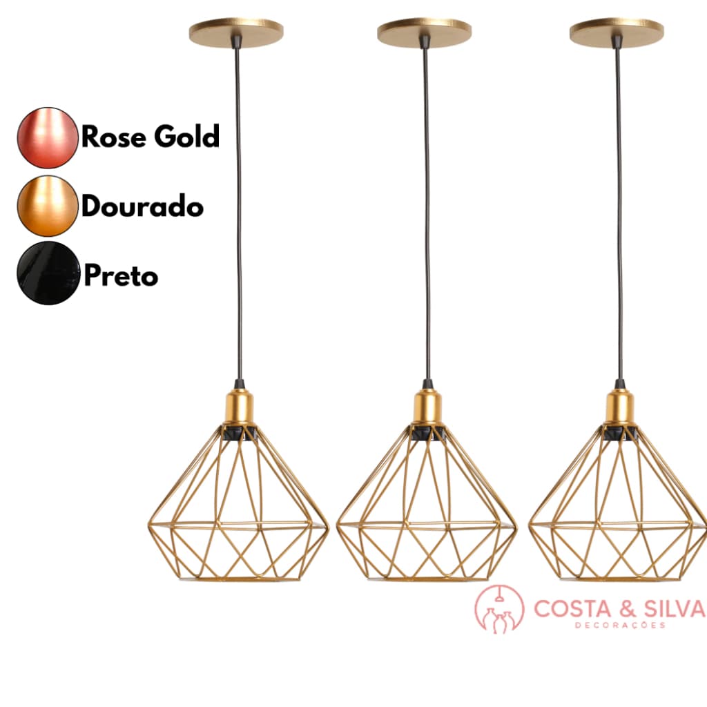 3 Pendente Diamante Aramado Lustre de Teto Luminária Lustre