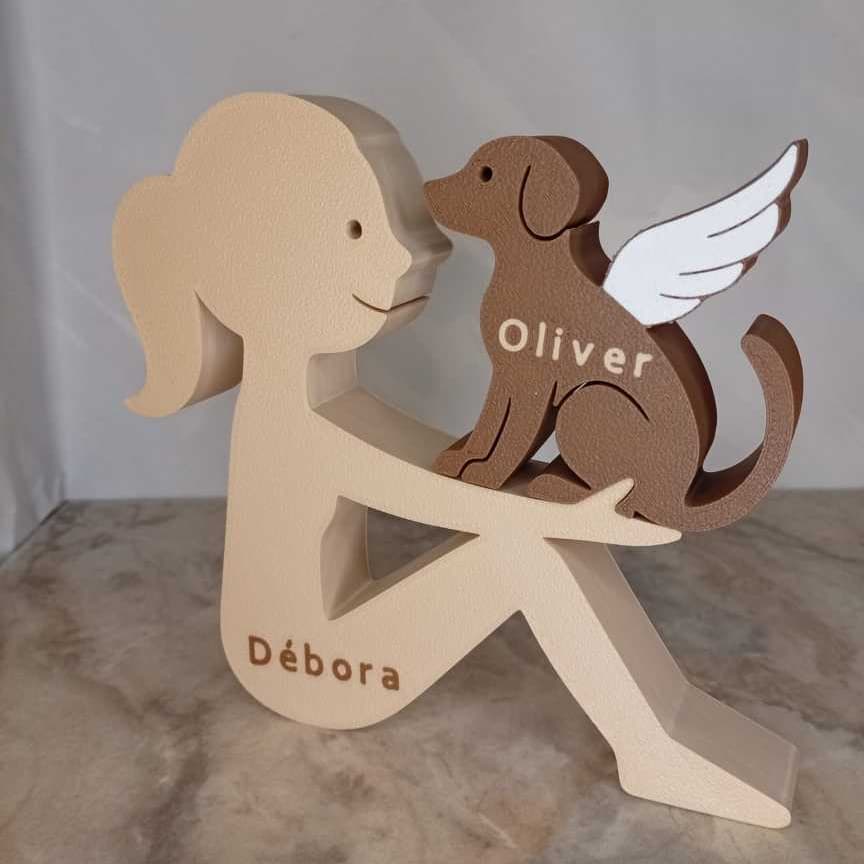Escultura Decorativa Menina com Cachorro de Asas ou Normal – Cachorro Anjo - Impressão 3D