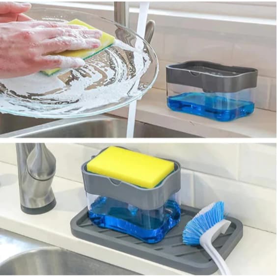 Dispenser Sabão 2x1 Detergente Suporte Porta Bucha Esponja Aperta Pote Vasilha Recipiente Cozinha