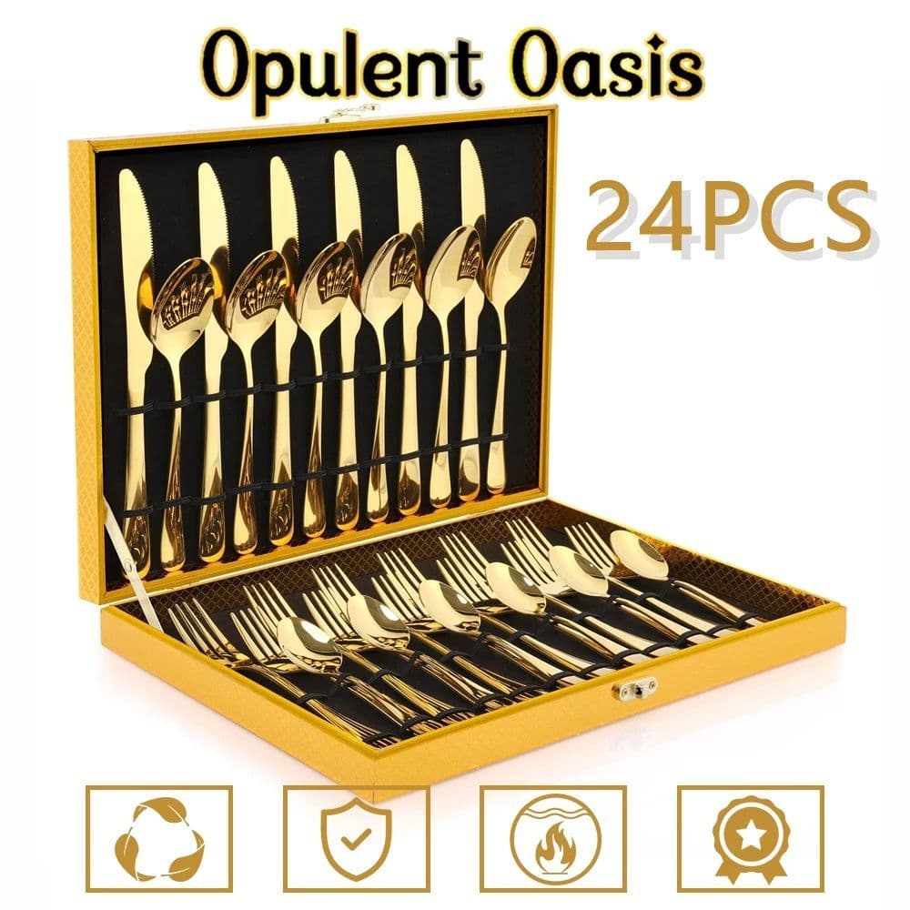 Kit Faqueiro Inox 24 Peças Faca Garfo C/ Detalhes Dourado e Dourados + Maleta + Promoçao