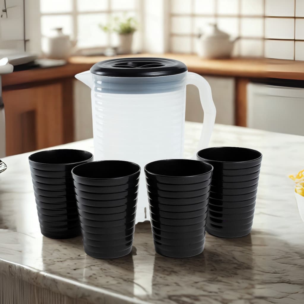 Jogo Jarra + 4 copos jarra transparente tampa preta cozinha suco água