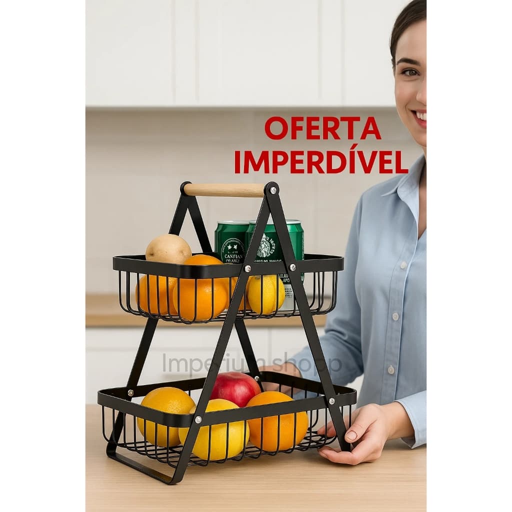 Fruteira Metal Multiuso 2 Andares Alça de Madeira Organização Estilo p/ Cozinha Banheiro Escritório