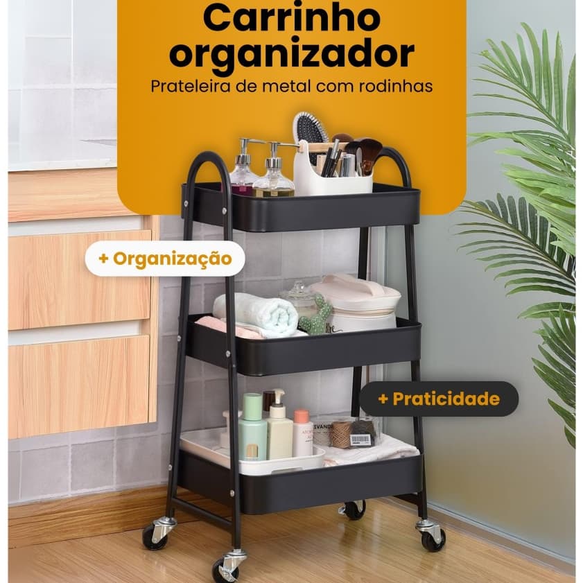 Carrinho Organizador Prateleira de Metal 3 Niveis Com Rodinha Estante Metalica Multiuso