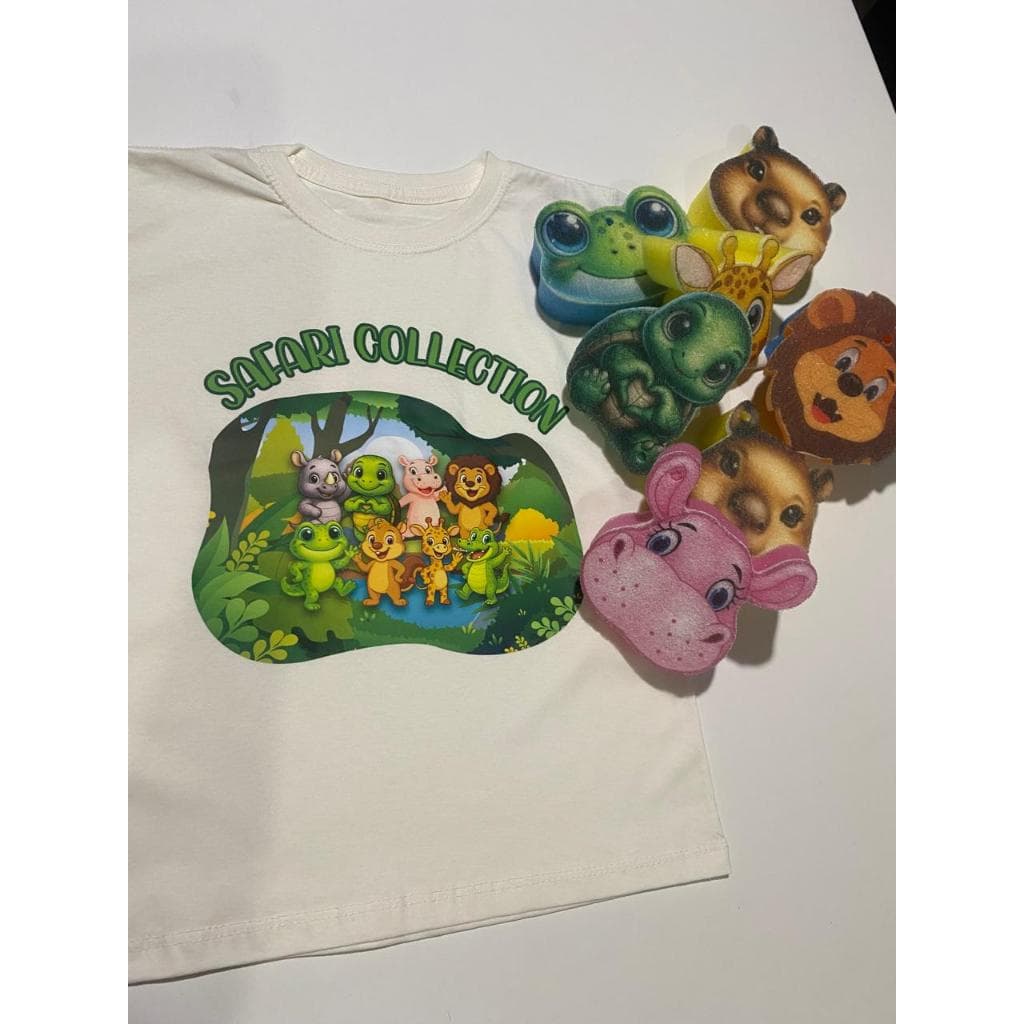 camiseta infantil + esponja de banho(BRINDE) unissex opção presente aniversário safari animais Camiseta