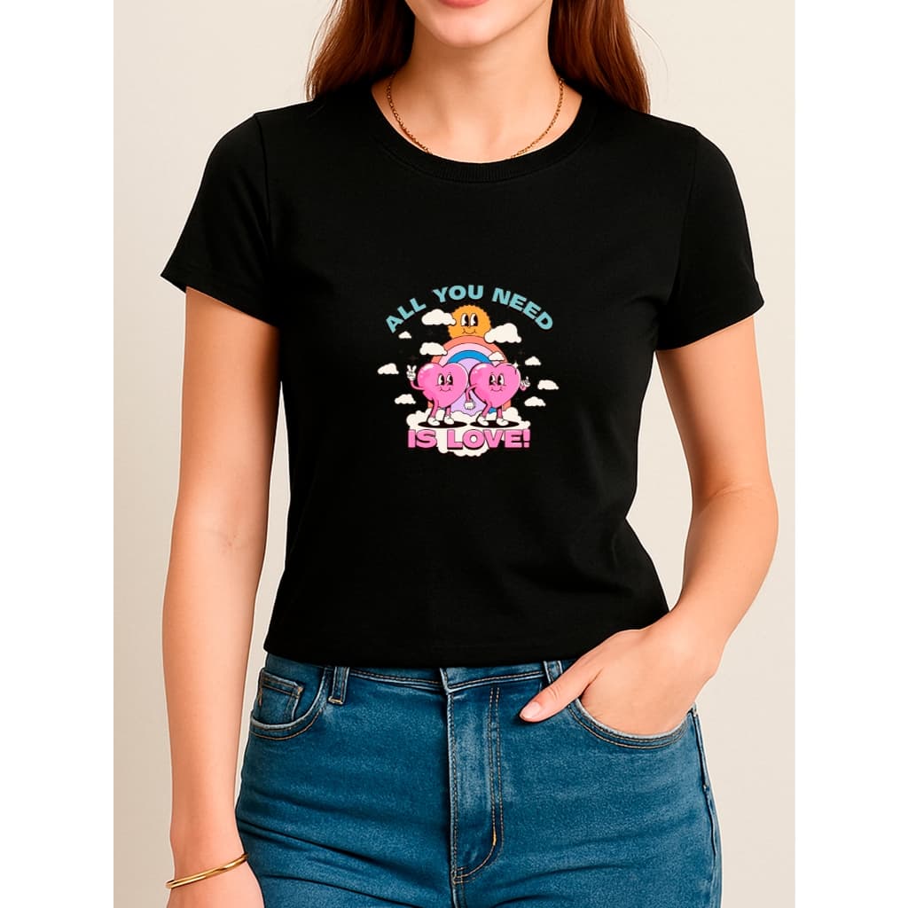 Camiseta Babylook Feminina Estampada 100% Algodão All You Needs Is Love Coração Moda Tendência