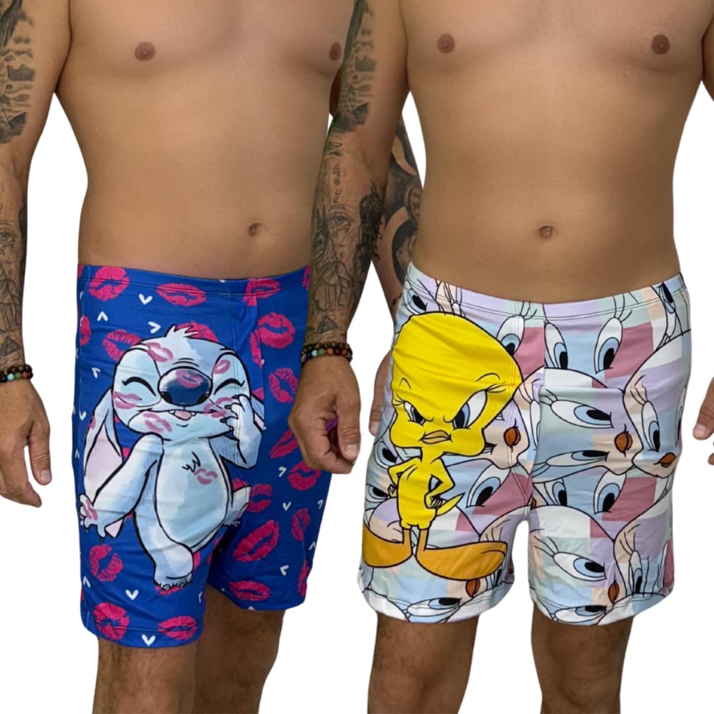Kit 2 Samba Canção Masculina Adulto Estampada Conforto & Personagens Divertidos Stitch Mickey Donald