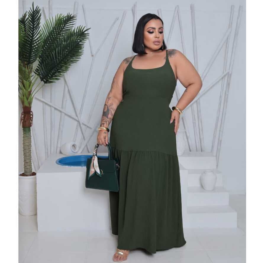 vestido longo plus size com bojo e forro - decote costas ajustável elegante moda verão