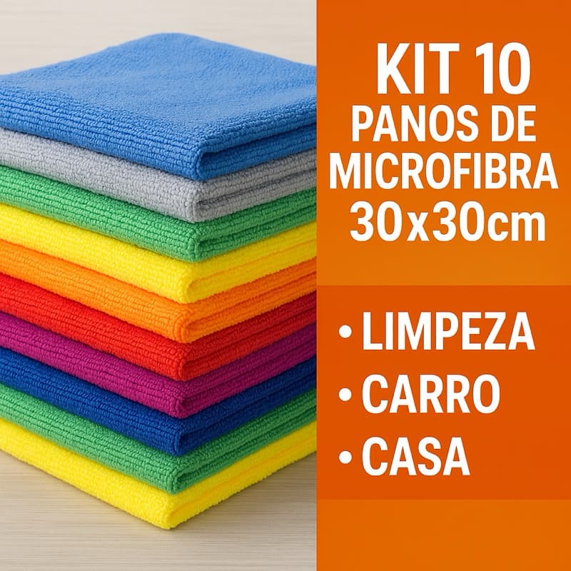Kit 10 Panos de Microfibra 30x30cm para Limpeza, Carro, Casa.