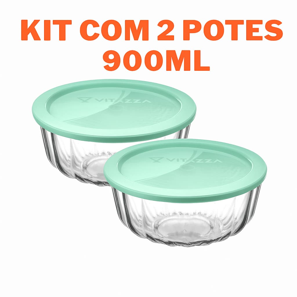 Kit Conjunto 2 Potes Tigelas De Vidro 900ml Com Tampa Oceani Vitazza