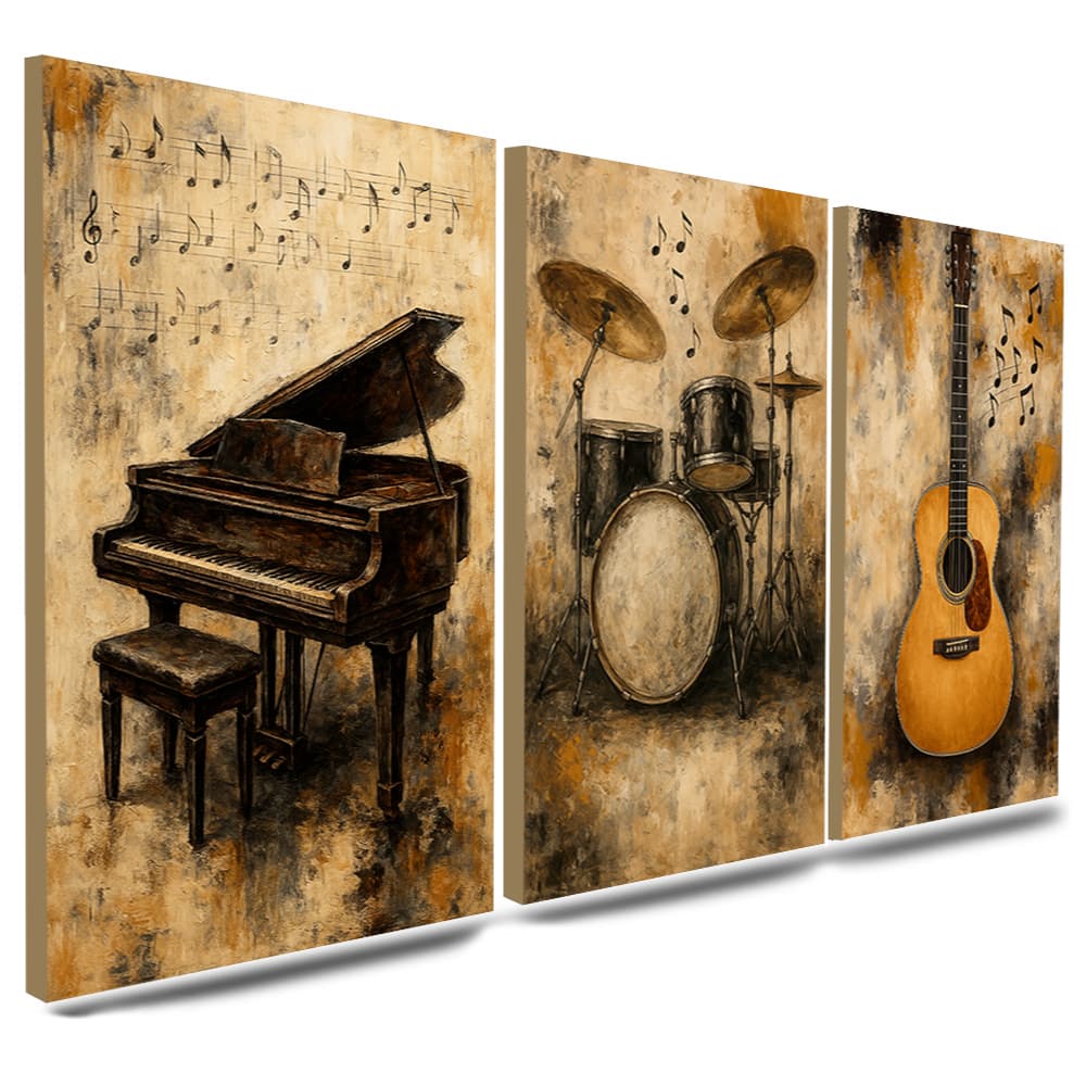 Quadros Decorativos 3 Peças Instrumentos Musicais Amantes da Música Casa Sala Quarto Decoração Hall