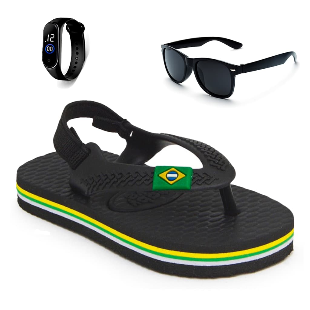 Kit Chinelo Infantil Baby Menino Com Elástico + Relógio + Óculos Henry Kids