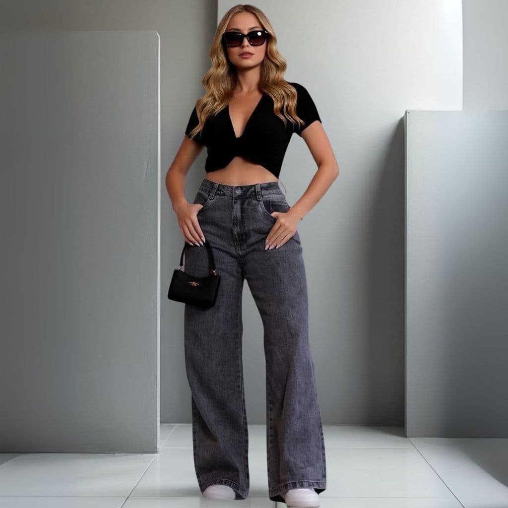 Calça Jeans Feminina Wide Leg Pantalona Cintura Alta Tecido Premium Preta Grafite Marmorizada Gringa