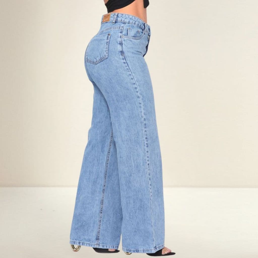 Calça Jeans Feminina Wide Leg Cintura Alta Pantalona Tecido Encorpado 100% Algodão Marmorizada