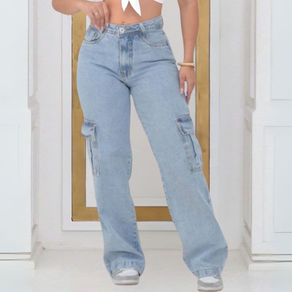 Calça Cargo Wide Leg Jeans Feminina Pantalona Cintura Alta Marmorizada 100% Algodão Azul Clara