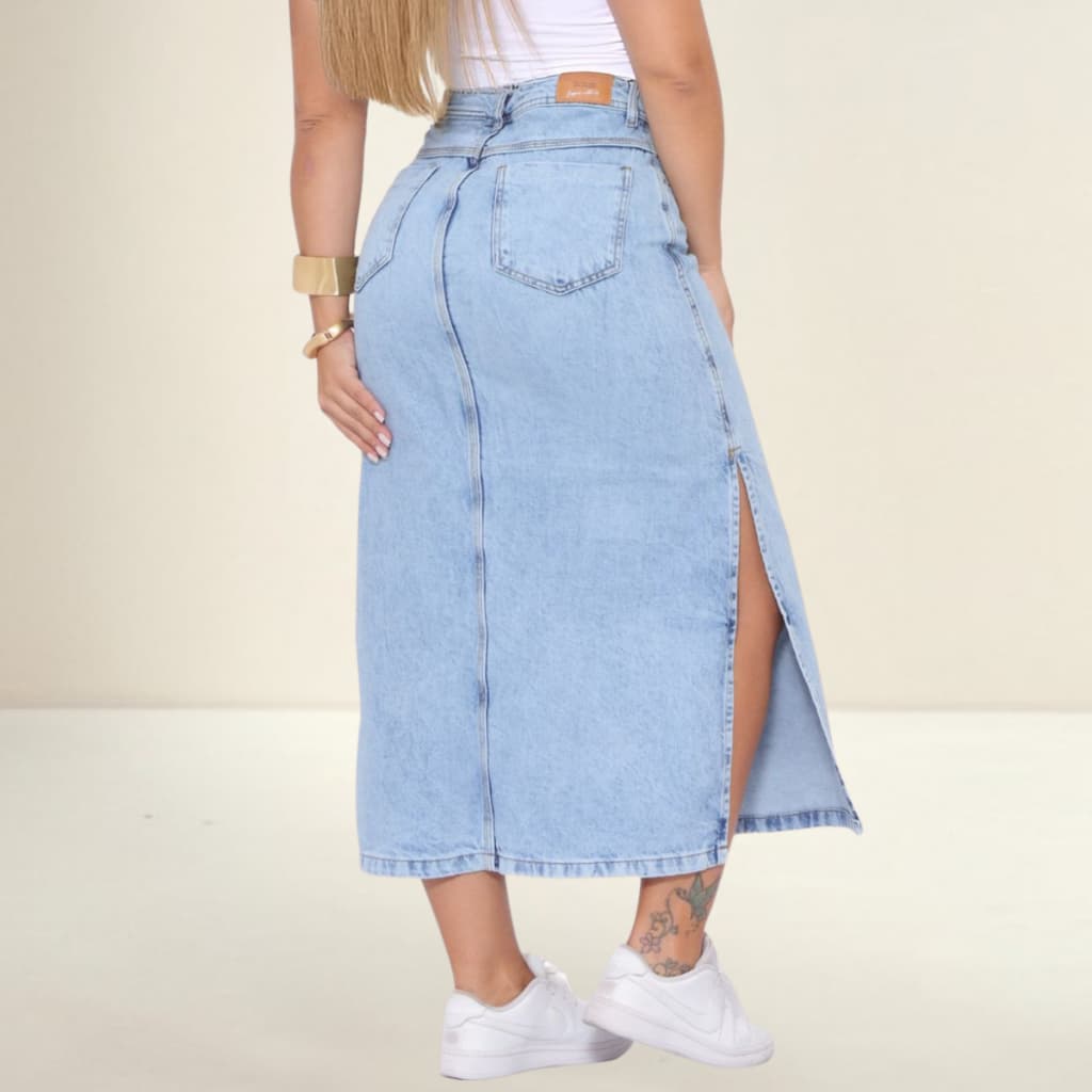 Saia Jeans Feminina Mídi Longa Cintura Alta Marmorizada com Fenda Tecido Grosso Azul Claro Premium