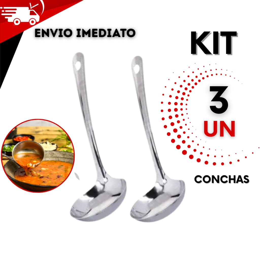 Kit 3 Conchas Aço Inox para Servir Feijão Sopas e Caldos Utensílios Cozinha Restaurante Buffet