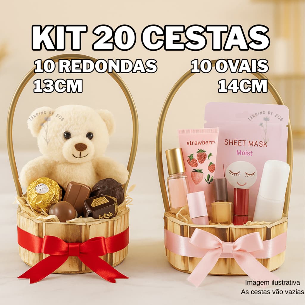 Kit 20 Cesta Madeira 10 Oval e 10 Redonda Alça Presente Namorado Natal Pascoa Cosmetico Chocolate