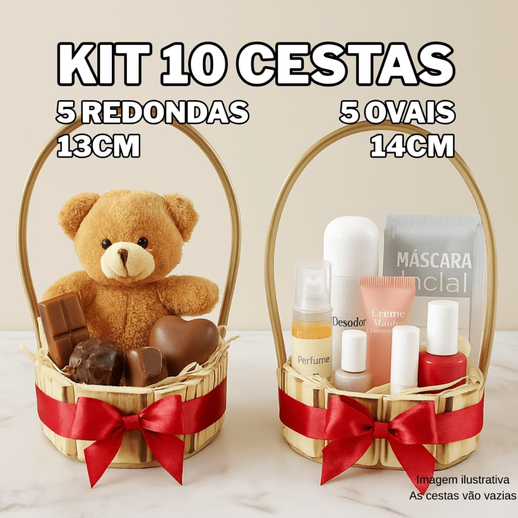 Kit 10 Cesta Madeira 5 Oval e 5 Redonda com Alça Presente Namorado Natal Pascoa Cosmetico Chocolate