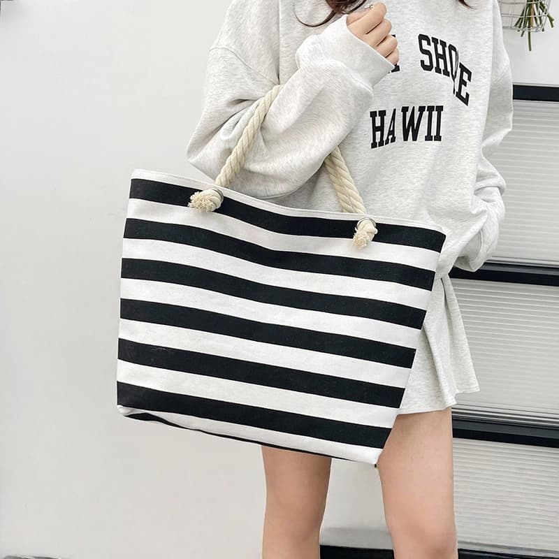 Bolsa de lona listrada ecobag espaçosa e resistente perfeita para compras praia e dia a dia